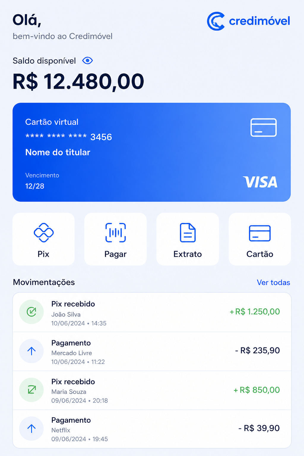 Tela inicial do app Credimóvel com saldo, cartão virtual e atalhos de Pix